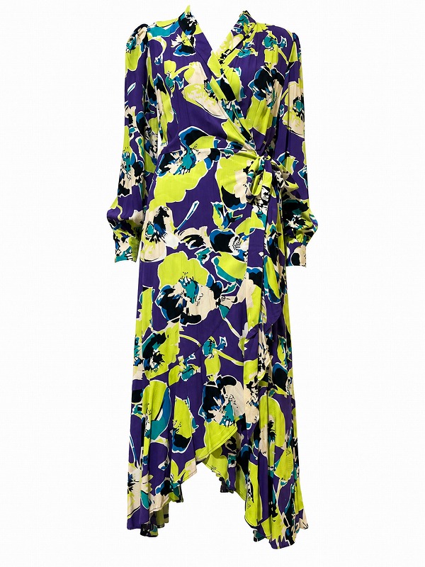 【新品DRESS 990】ビビッドカラーフラワープリントミモレ丈ロングドレス イエローグリーン【Y・A・S】